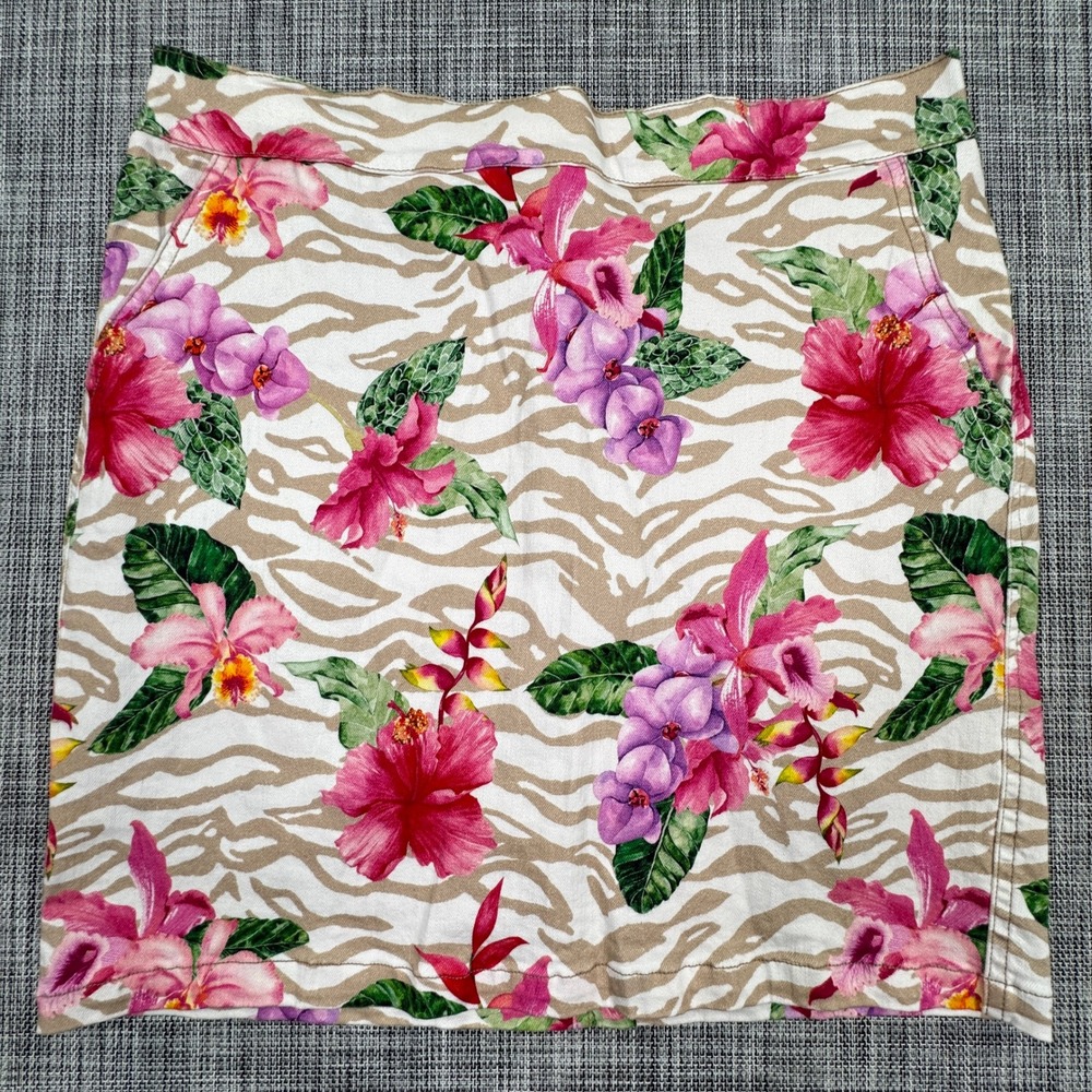 Boston Proper Women Skort Size 16 Tropical Floral Zebra Print Stretch Twill Mini